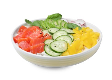 Photo of Delicious poke bowl with salmon and vegetables isolated on white