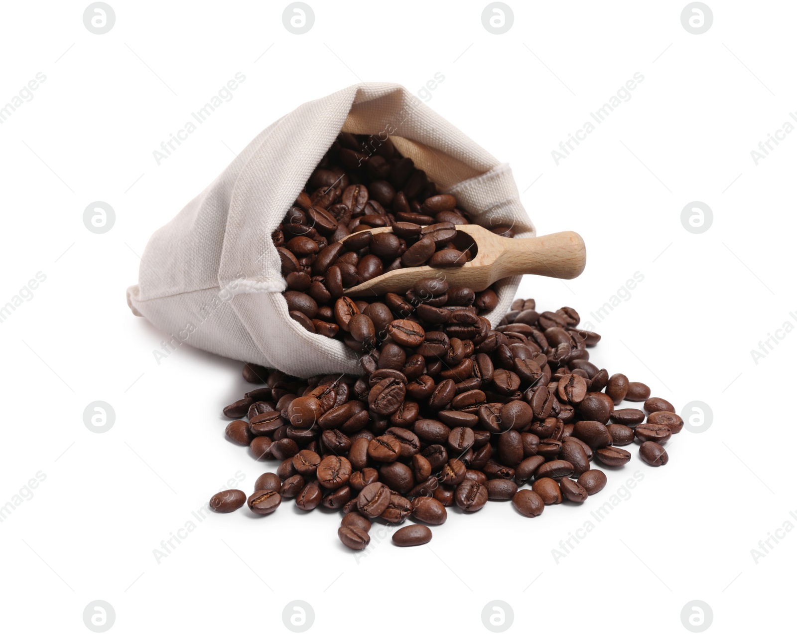 Photo of Bag and wooden scoop with roasted coffee beans isolated on white