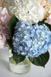 Beautiful hydrangea flowers in vase on white table, closeup