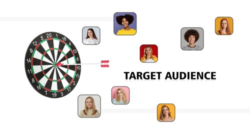 Image of Target audience. Dartboard with arrow in middle and photos of potential clients on white background, banner design