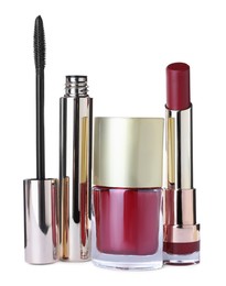 Photo of Different luxury cosmetic products on white background