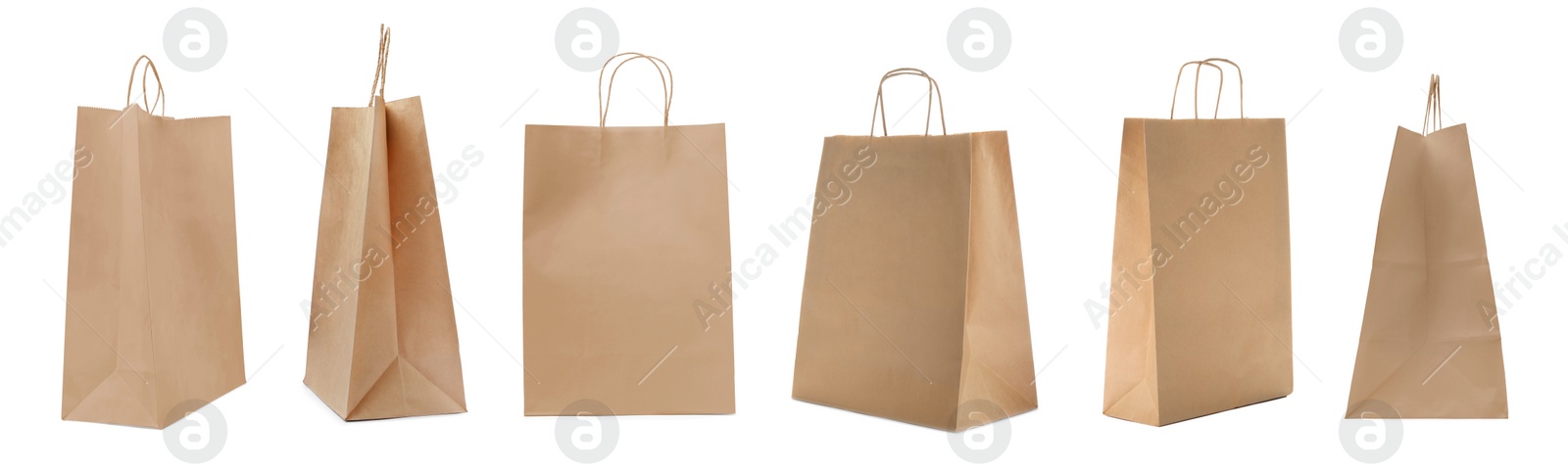 Image of Set with kraft paper bags on white background. Banner design