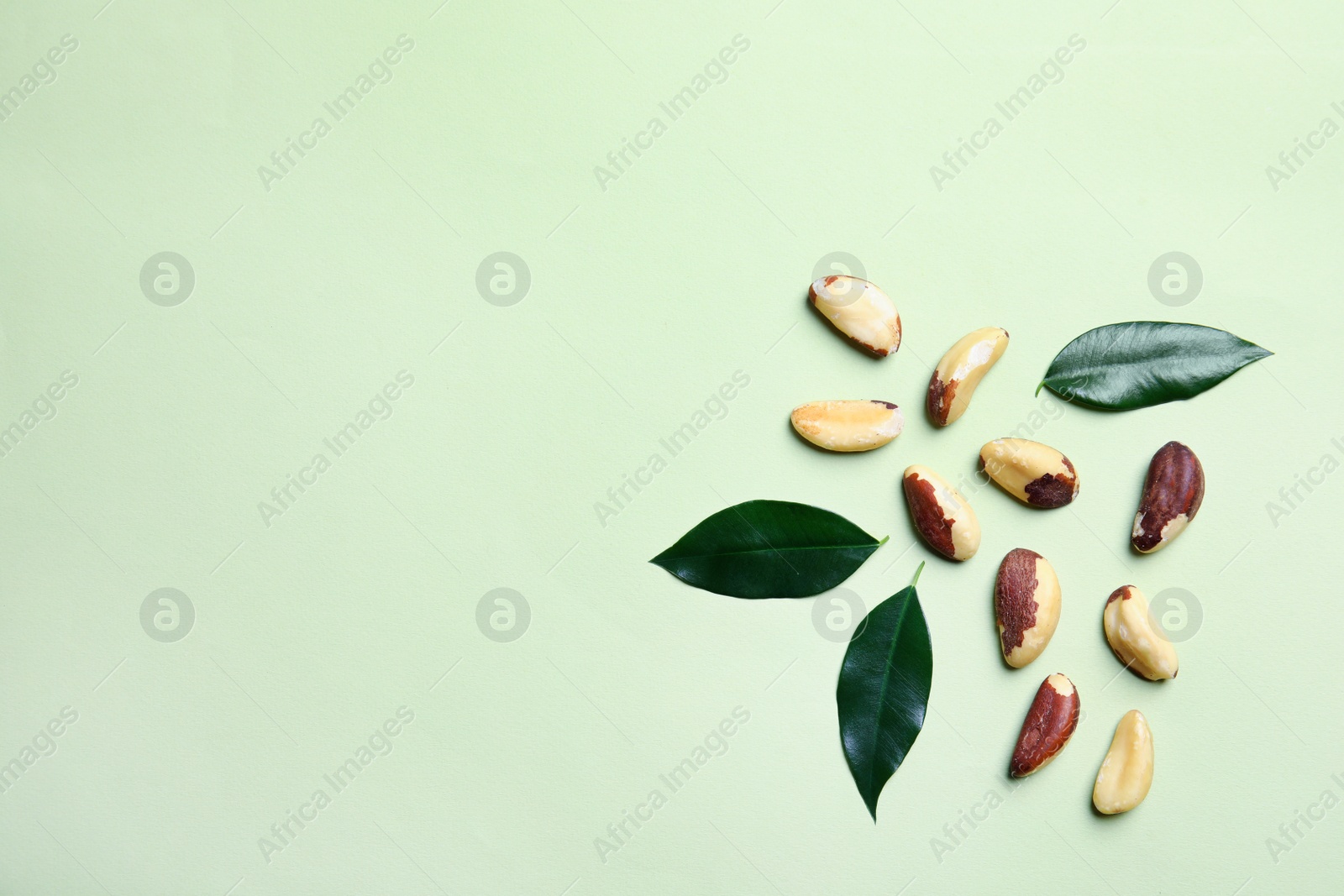 Photo of Flat lay composition with Brazil nuts and space for text on color background
