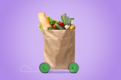 Paper shopping bag full of products on wheels against violet background. Order hurrying to client. Food delivery service
