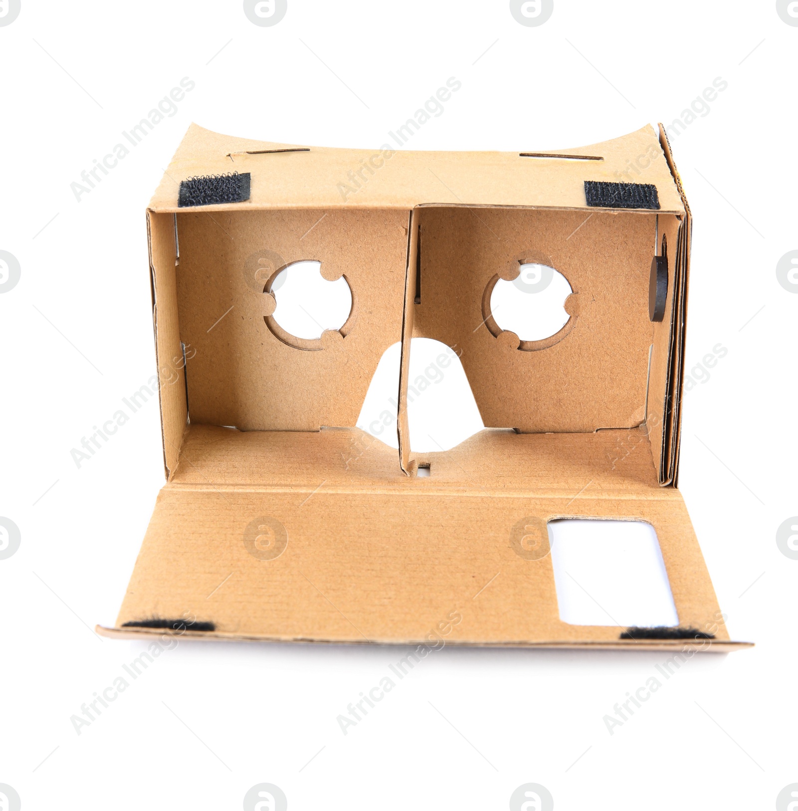 Photo of Cardboard virtual reality headset on white background