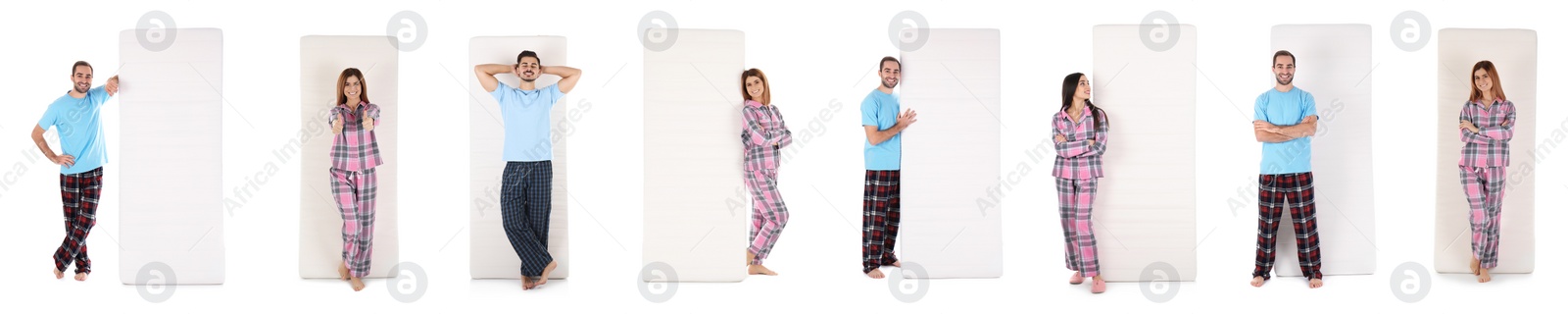 Image of Collage with photos of people and mattresses on white background. Banner design