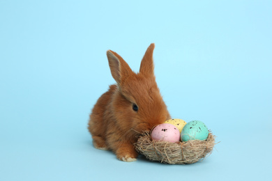 Photo of Adorable fluffy bunny and decorative nest with Easter eggs on light blue background