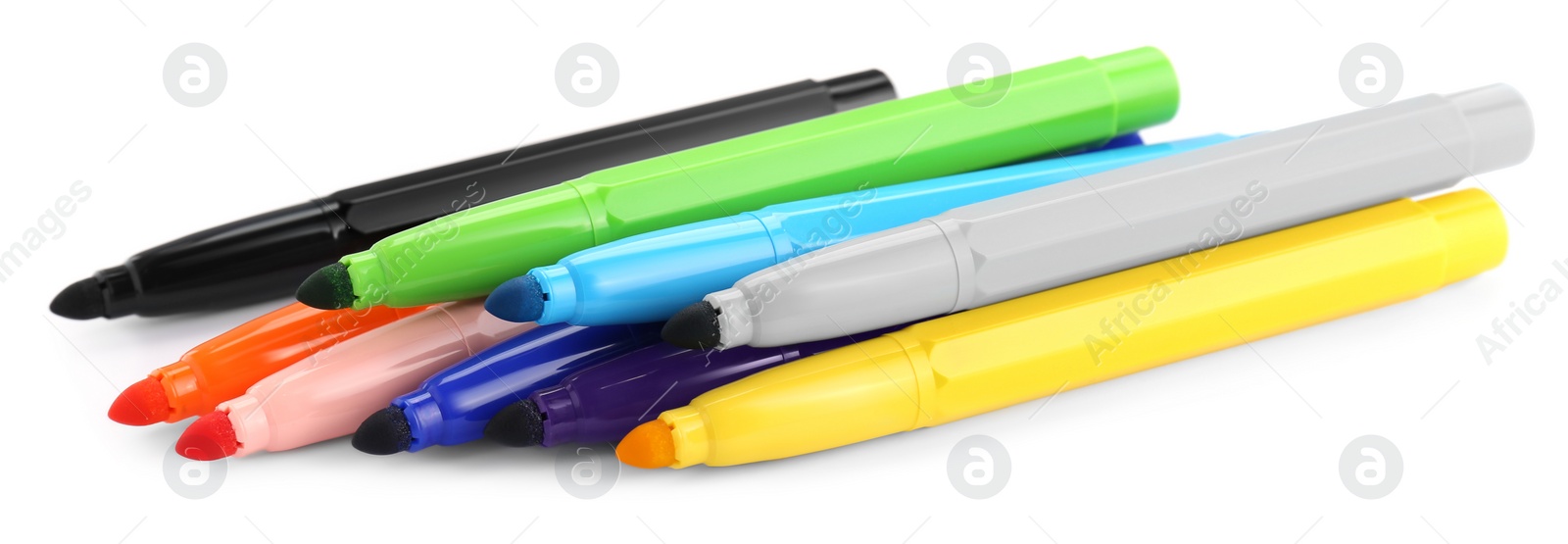 Photo of Many different colorful markers on white background