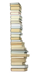 Photo of High stack of many different books isolated on white