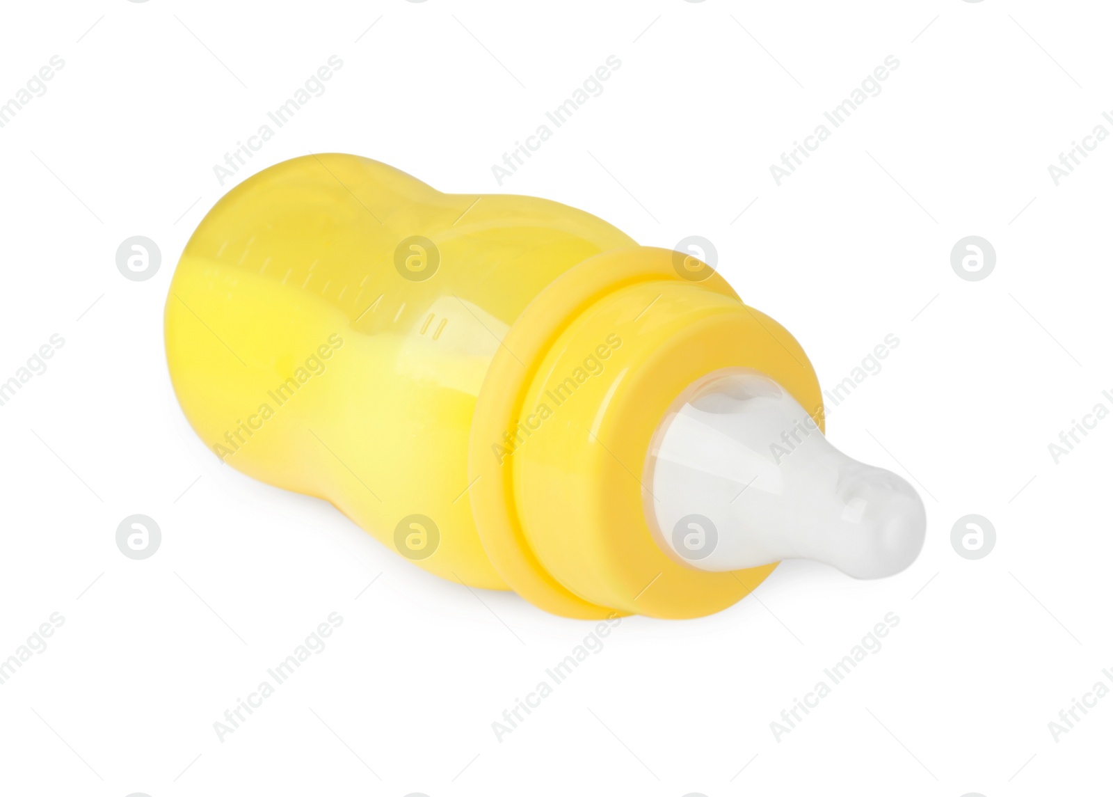 Photo of One feeding bottle with milk on white background