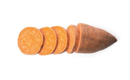 Photo of Cut ripe sweet potato on white background, top view