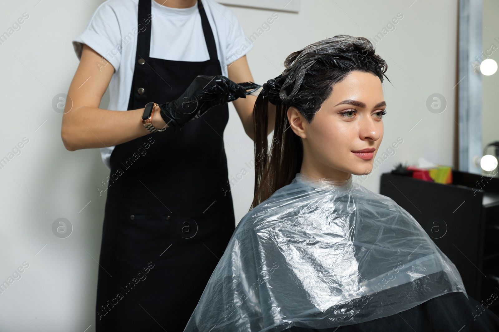 Photo of Professional hairdresser dyeing client's hair in beauty salon