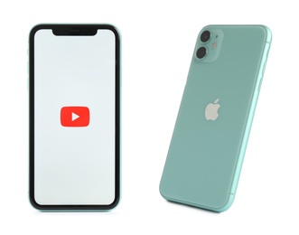 MYKOLAIV, UKRAINE - JULY 07, 2020: New modern iPhone 11 with YouTube app on screen against white background, back and front views
