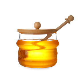 Jar with organic honey and dipper isolated on white