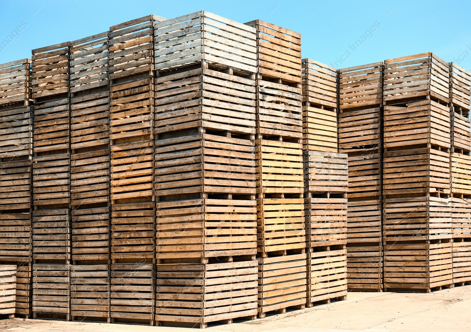 Photo of Pile of empty wooden crates outdoors on sunny day