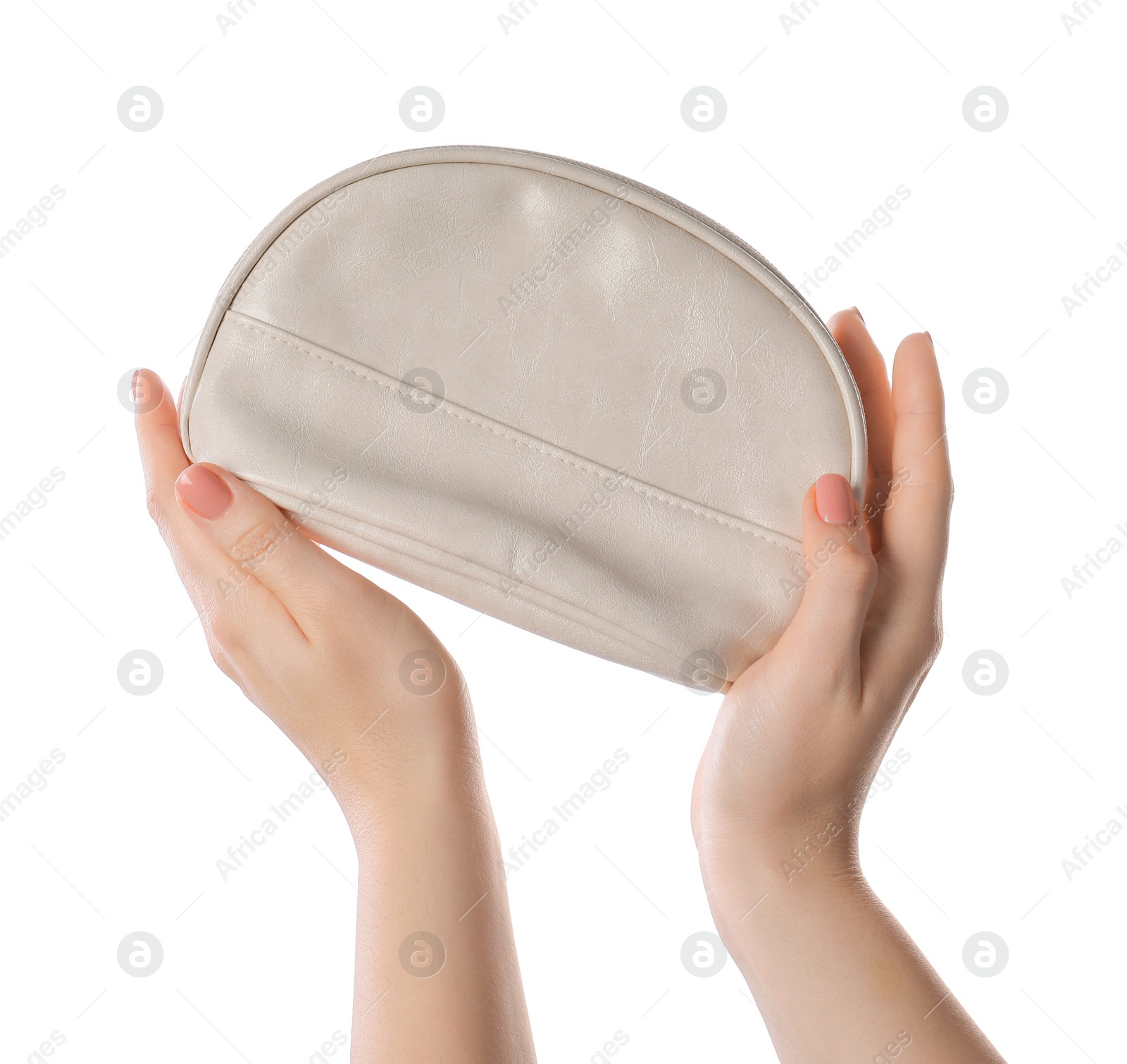 Photo of Woman with cosmetic bag isolated on white, closeup