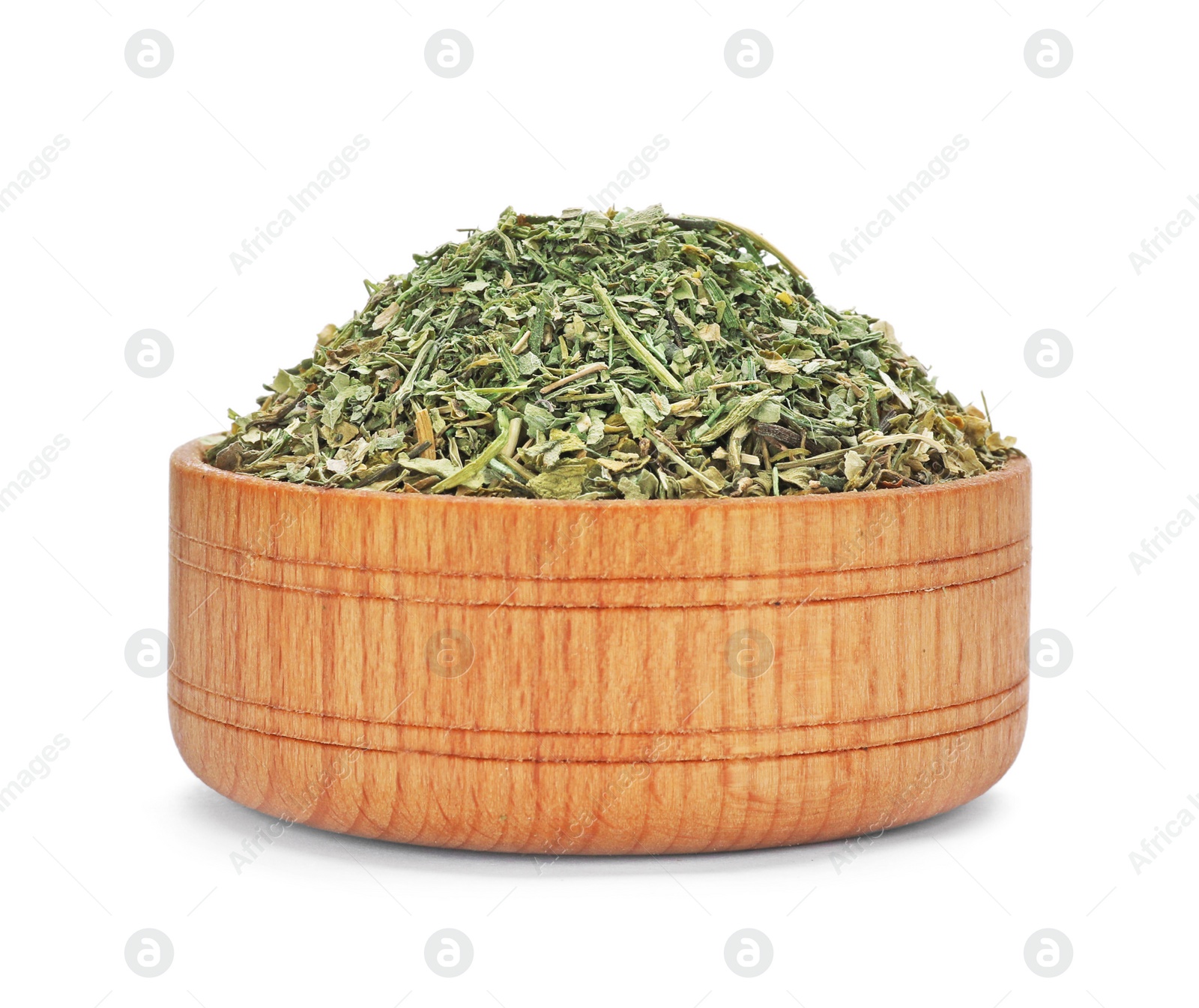 Photo of Bowl with dried parsley on white background