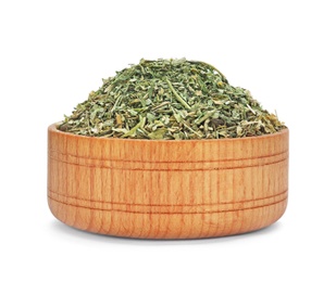 Bowl with dried parsley on white background