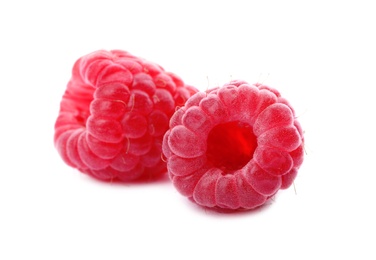 Photo of Delicious fresh ripe raspberries on white background