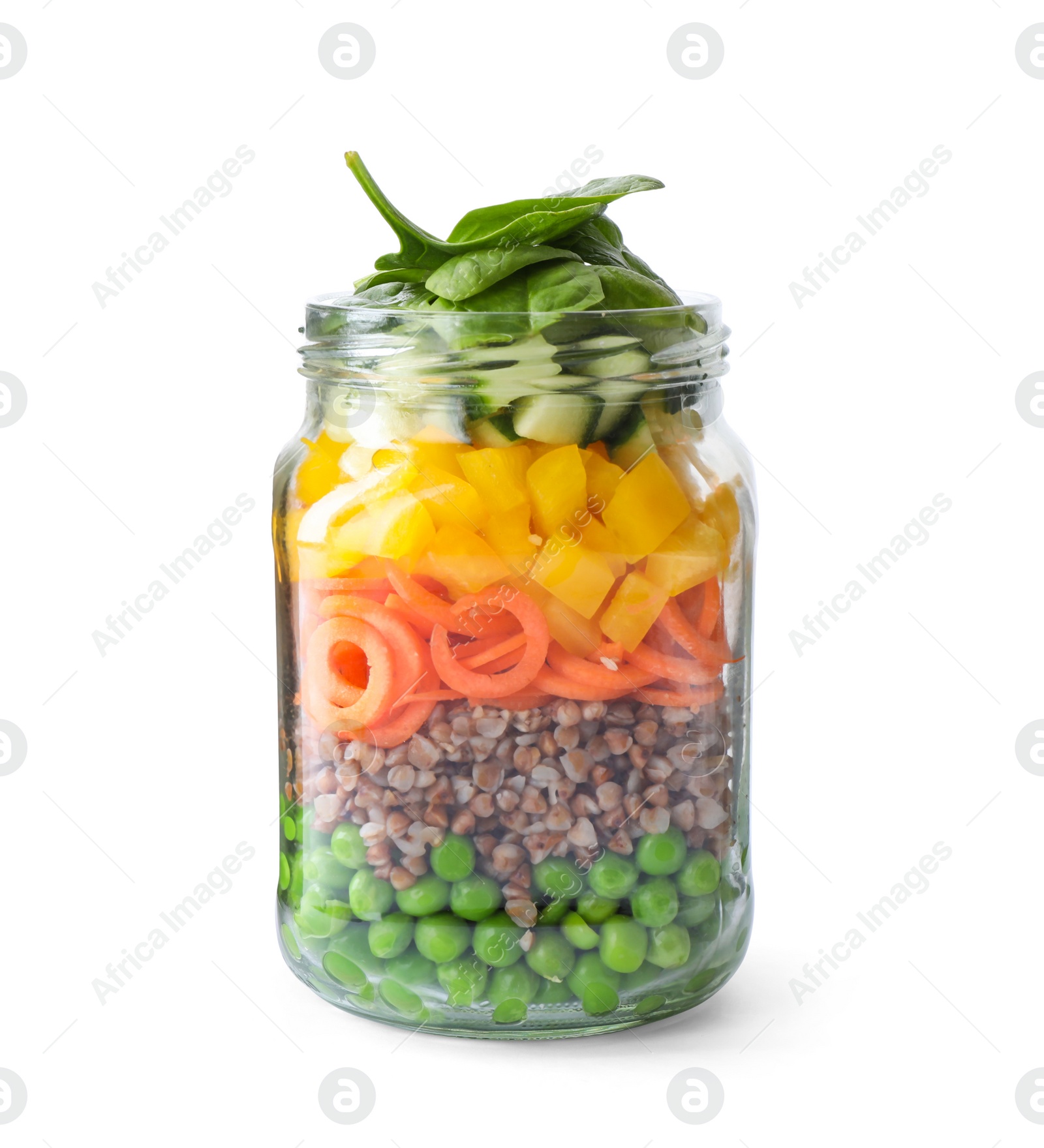 Photo of Healthy salad in glass jar isolated on white