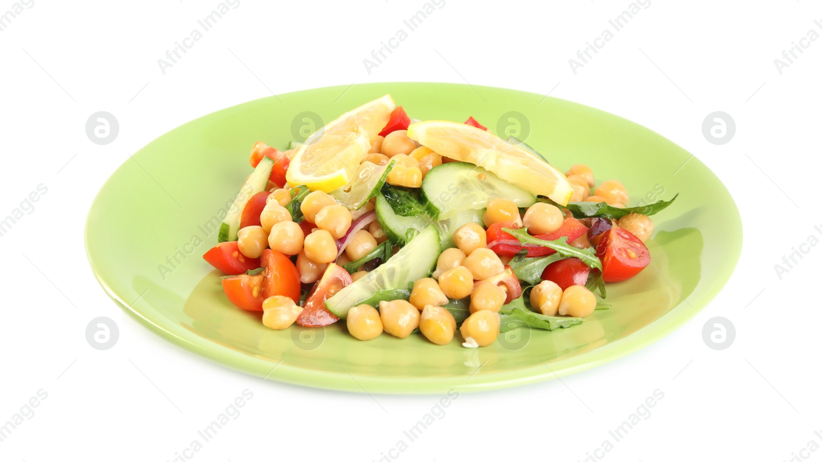 Photo of Plate with delicious fresh chickpea salad isolated on white