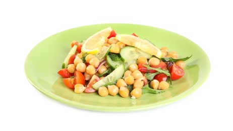 Photo of Plate with delicious fresh chickpea salad isolated on white