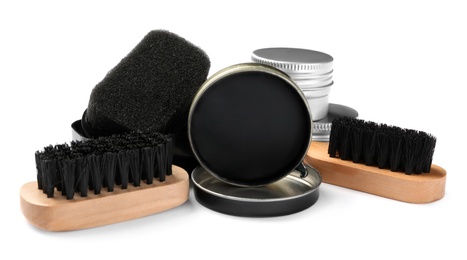 Photo of Composition with shoe care accessories on white background
