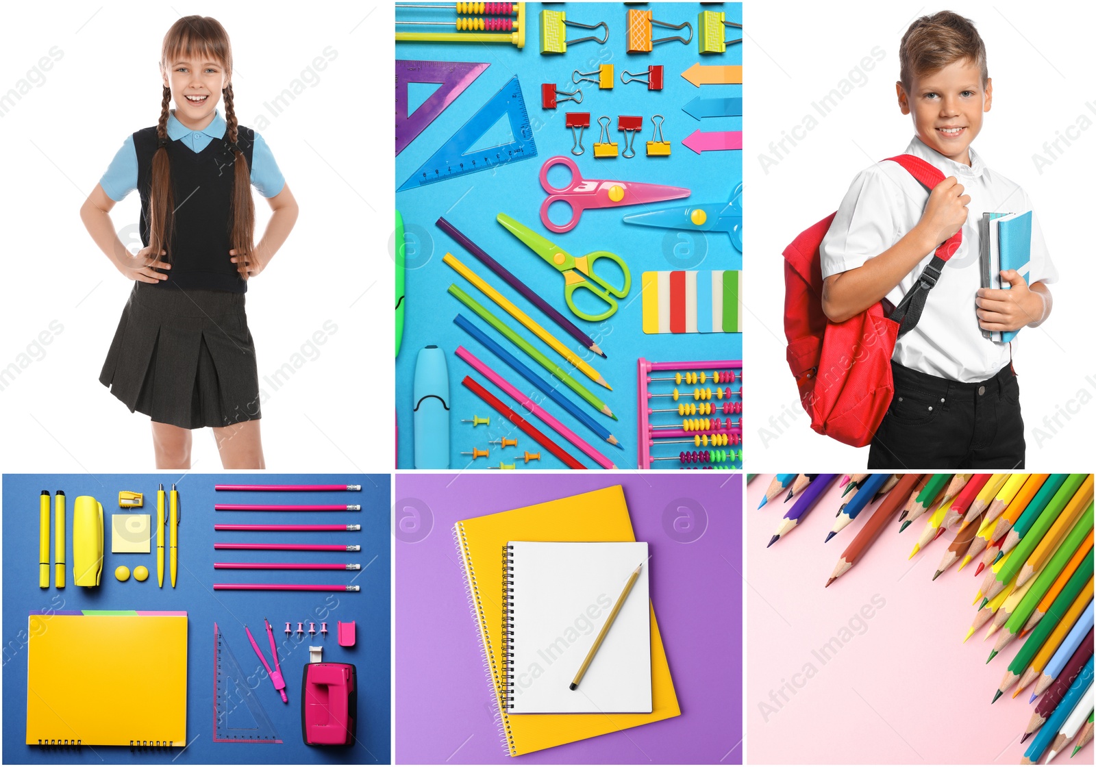 Image of Collage with photos of cute children and different stationery. Back to school