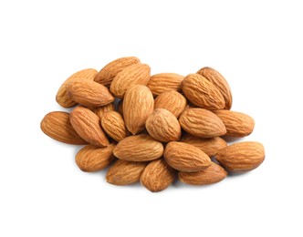 Photo of Pile of organic almond nuts on white background. Healthy snack