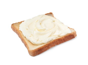 Photo of Slice of bread with tasty cream cheese isolated on white