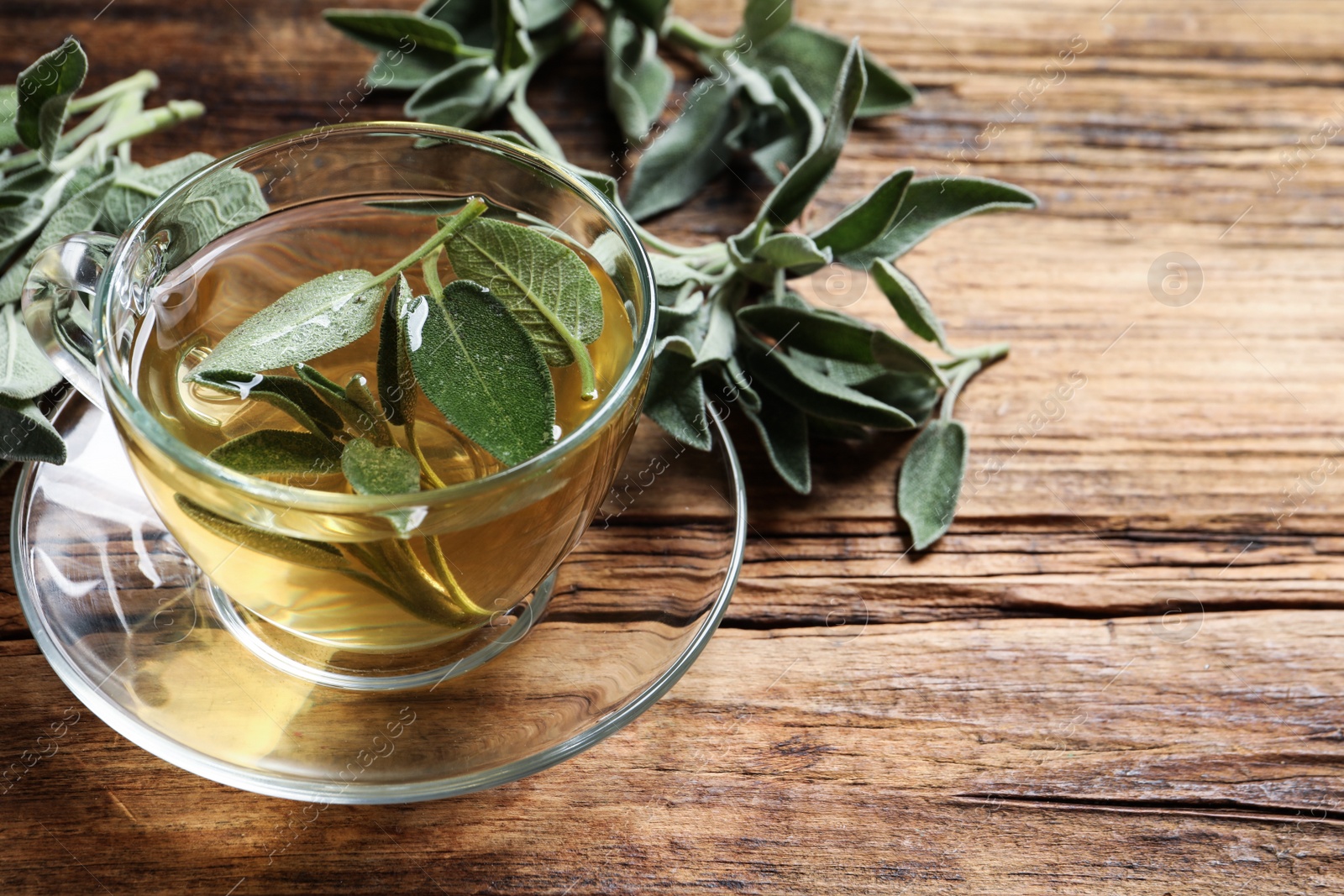 Photo of Cup of aromatic sage tea with fresh leaves on wooden table. Space for text