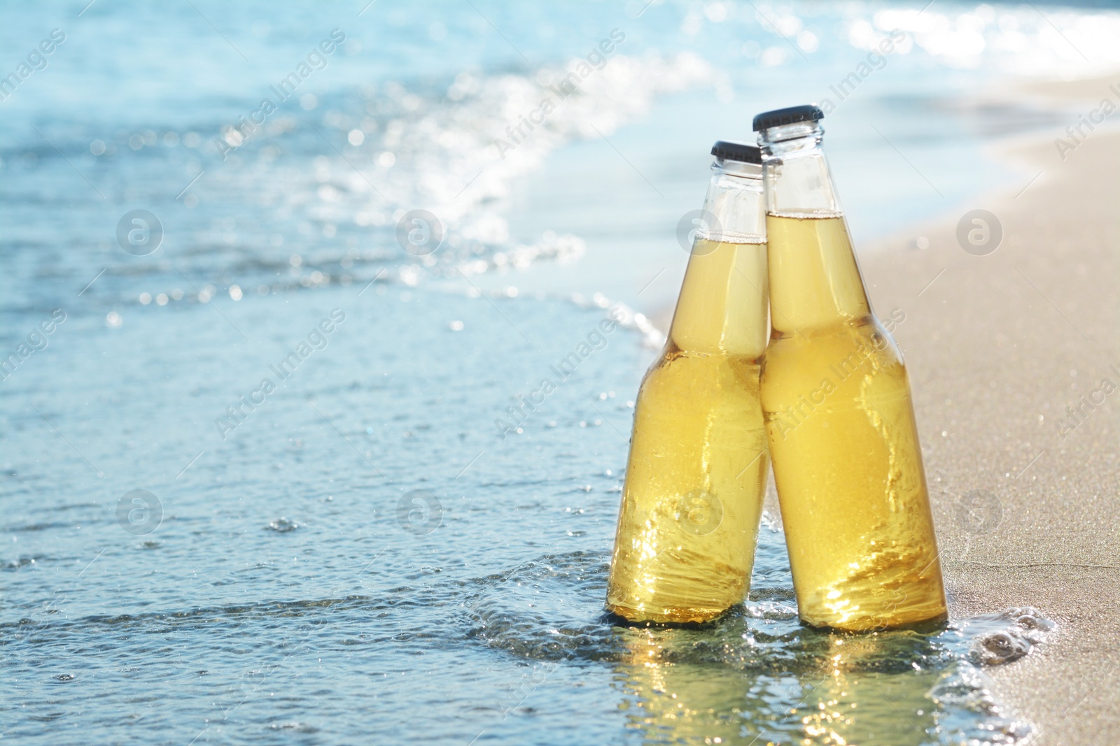 Photo of Bottles of cold beer on sandy beach near sea, space for text