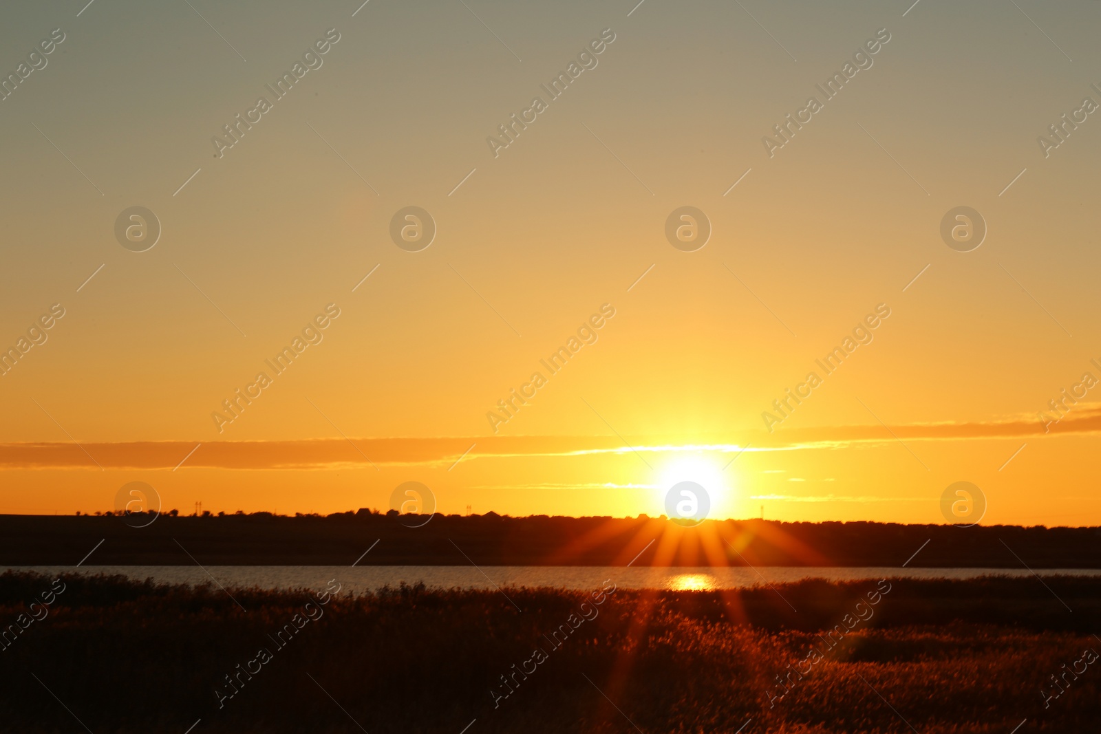 Photo of Picturesque view of beautiful sunrise on riverside. Morning sky