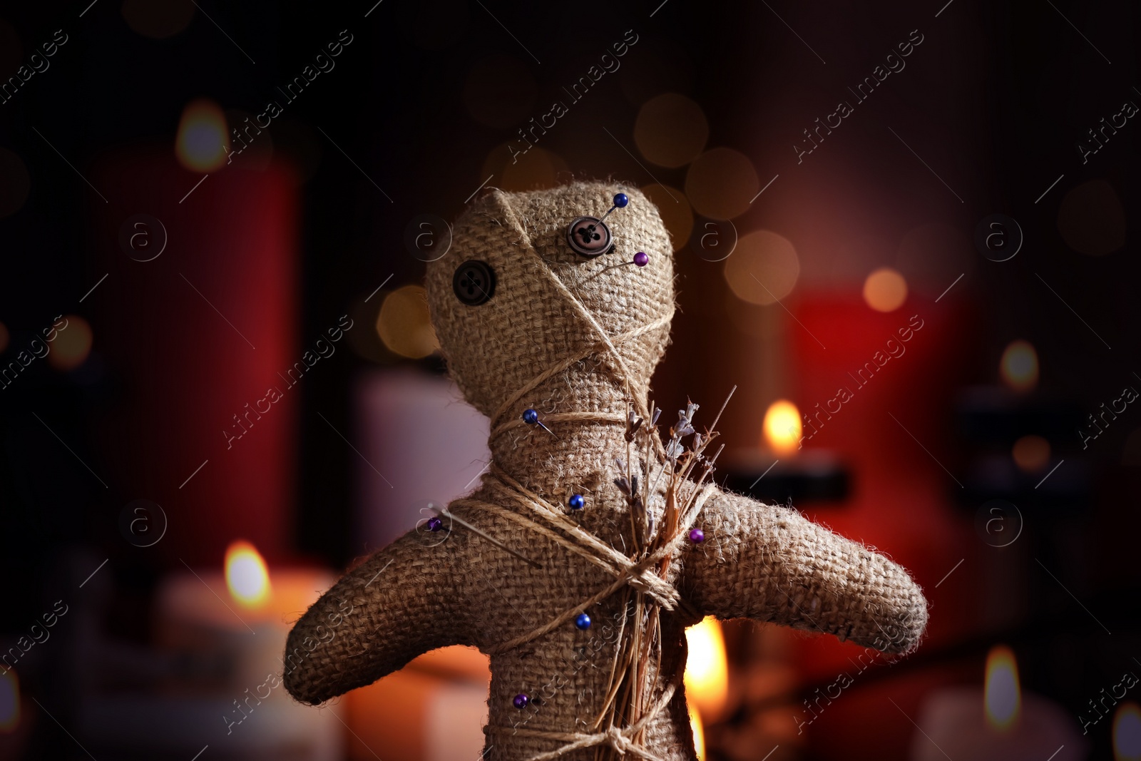 Image of Voodoo doll with pins and dried flowers in dark room, closeup. Curse ceremony