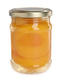 Glass jar with canned peach halves isolated on white