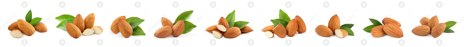 Image of Set with tasty almond nuts on white background. Banner design