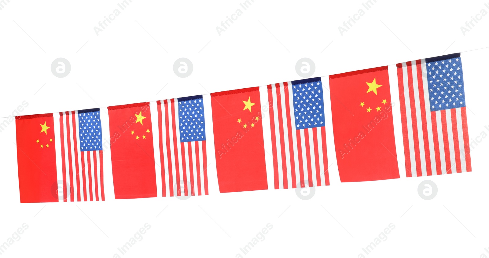 Photo of Garland with USA and China flags on white background. International relations