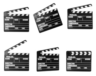 Image of Set of clapper boards on white background. Cinema production