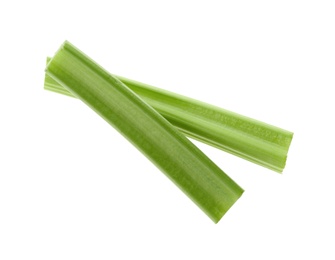 Photo of Fresh green celery sticks isolated on white, top view