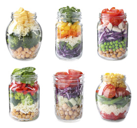 Image of Set of different jars with healthy salads on white background 