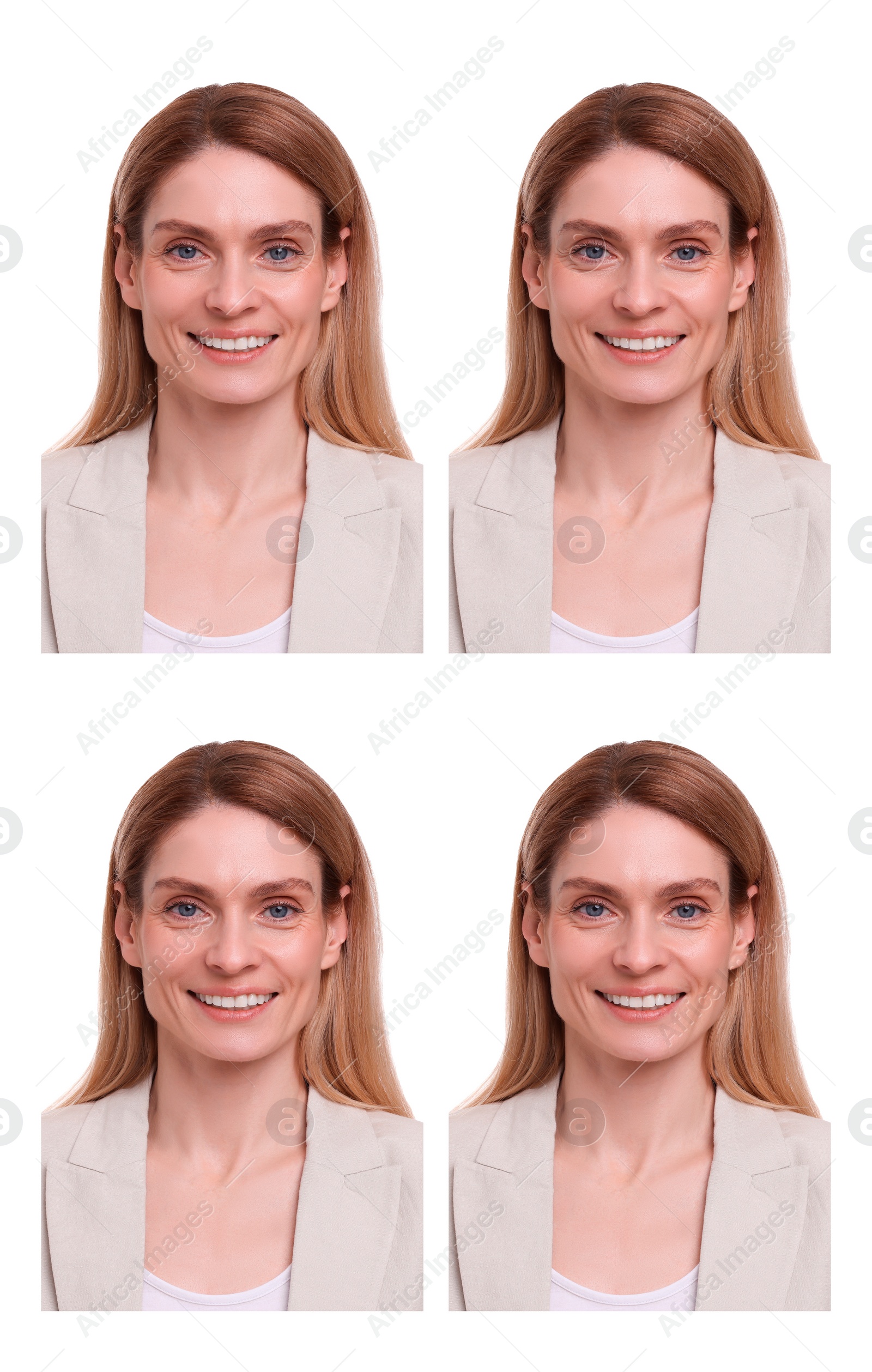 Image of Passport photo, collage. Woman on white background, set of photos