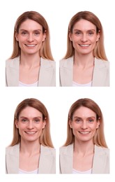 Image of Passport photo, collage. Woman on white background, set of photos