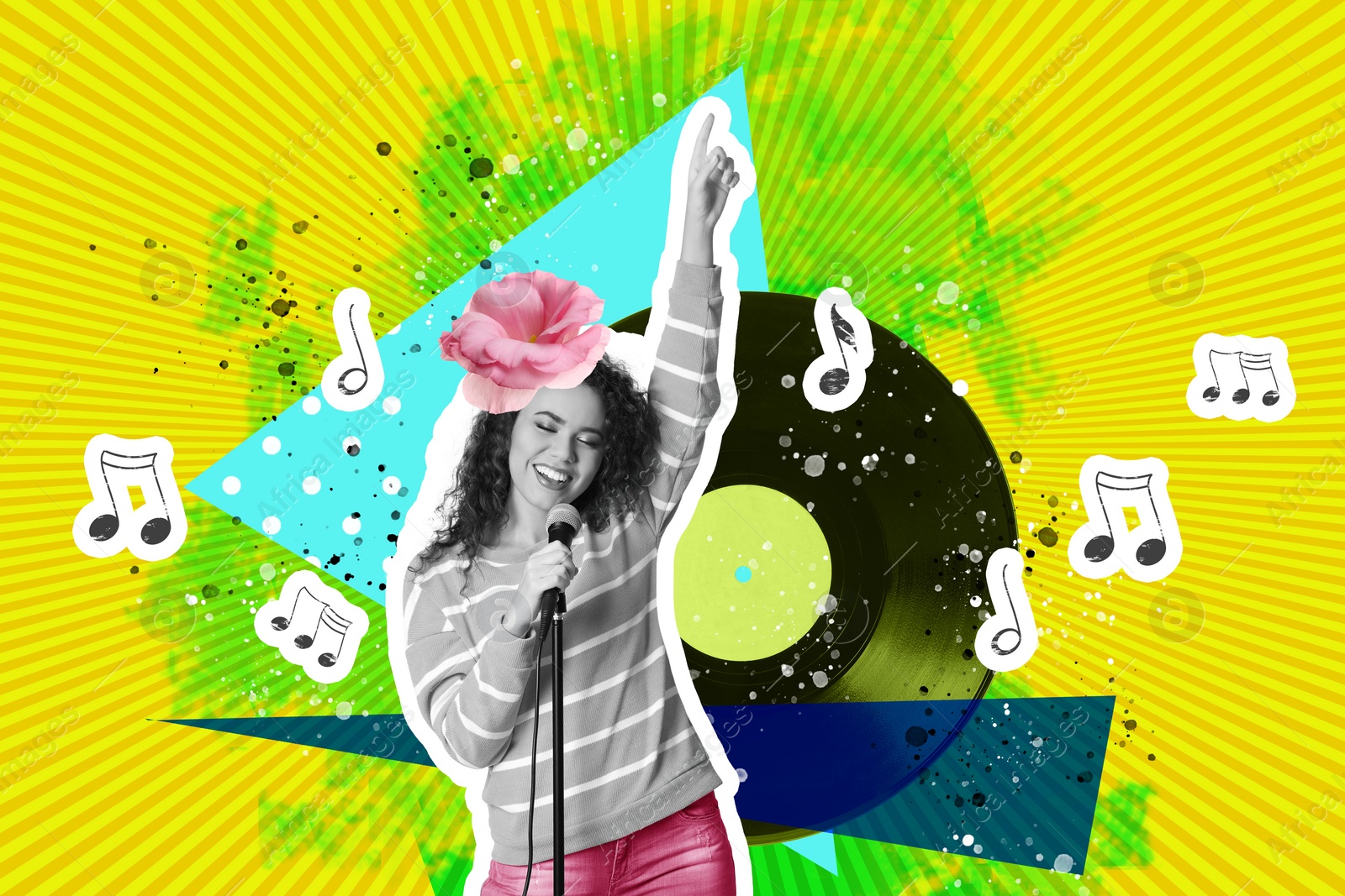 Image of Woman singing and dancing on bright background, creative collage. Stylish art design