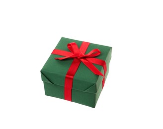 Green gift box with red bow isolated on white