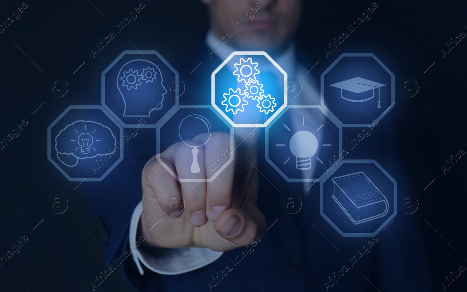 Image of E-learning. Man using virtual screen with different icons on dark background, closeup. Banner design