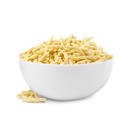 Bowl with uncooked trofie pasta isolated on white