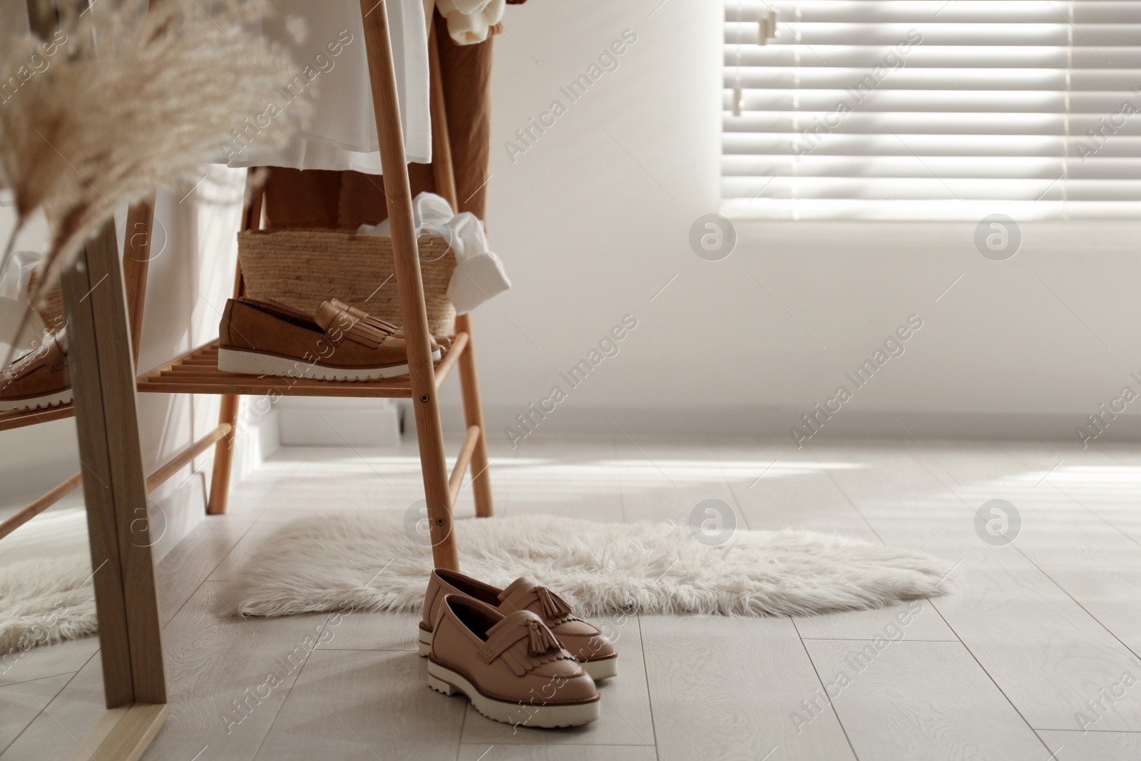 Photo of Rack with stylish women's shoes in dressing room. Modern interior design