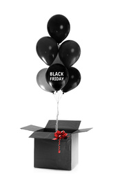 Image of Black Friday concept. Box with bunch of balloons on white background