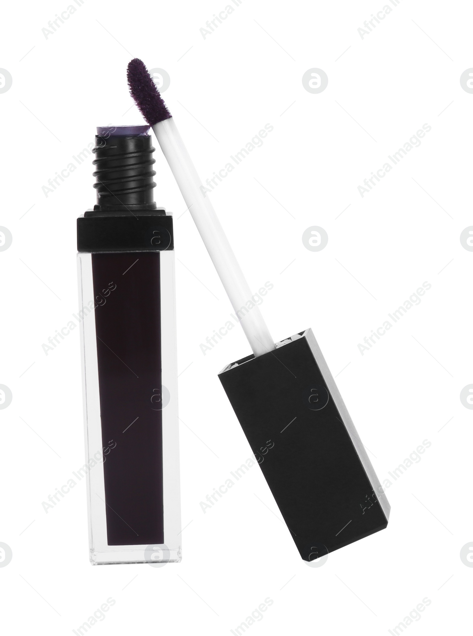 Photo of Dark lip gloss and applicator isolated on white. Cosmetic product