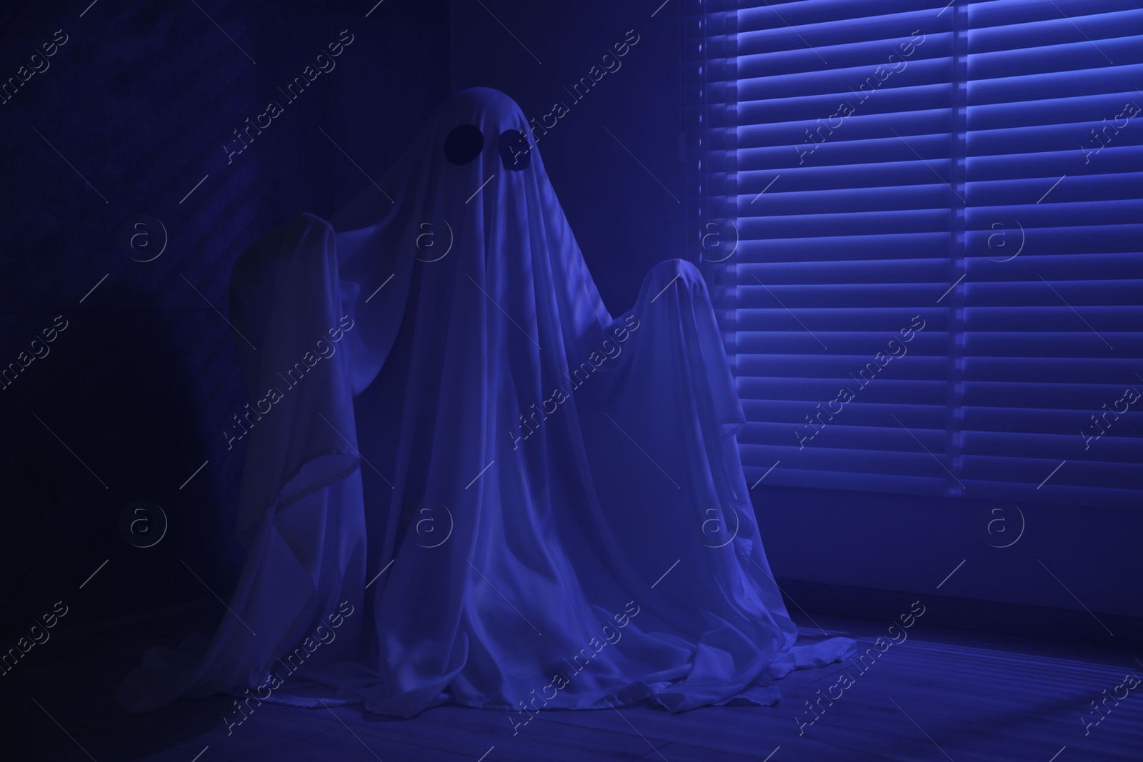 Photo of Creepy ghost. Woman covered with sheet near window in blue light, space for text